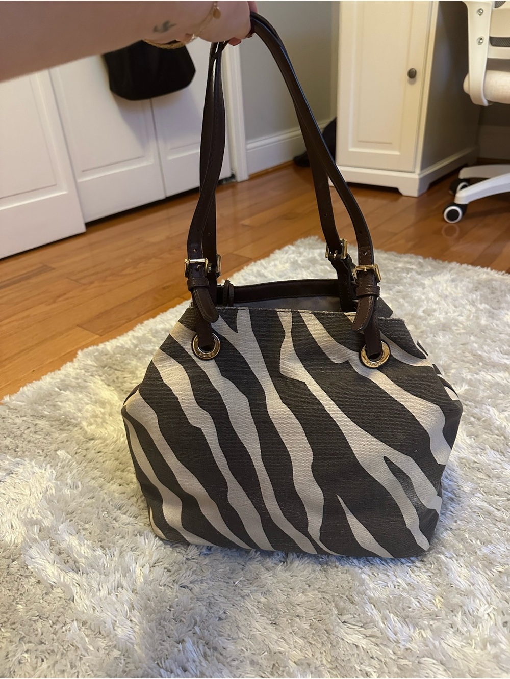 Michael Kors Zebra-Print Canvas Tote Bag with Brown Handles